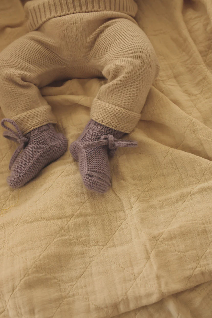 Hvid - Booties - Wollen Baby Sokjes - Lilac